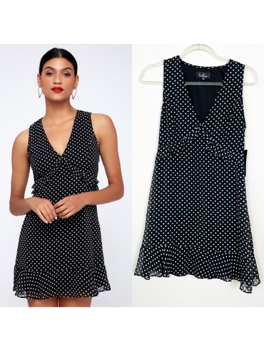 Lulus You Got It Black Polka Dot Mini Dress Sleeveless Ruffle V-Neck Womens Smal